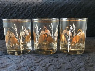 Set Of 3 Vtg Culver Double Old Fashioned Glasses Gold Heron Crane Bird 12 Oz.