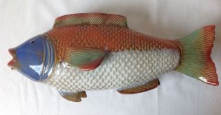 Majolica Fish Shaped Serving Dish Bowl W Lid Glazed Pottery Lake House Cabin