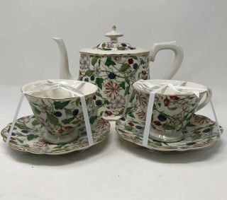 Grace’s Teaware Floral/berry Tea Set.  Teapot W/2 Cups And 2 Saucers