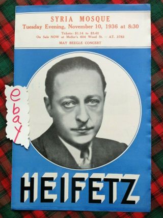 1936 Jascha Heifetz Syria Mosque Flyer Pittsburgh Box D Handbill Gc