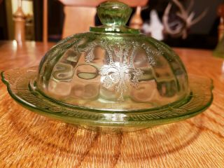 Hard To Find Cameo Ballerina Green Butter Dish Depression Glass