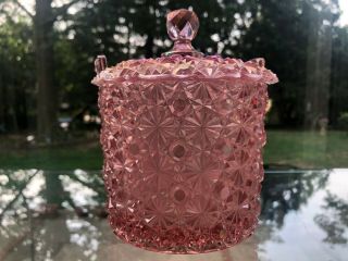 Vtg Fenton Pedal Pink Iridescent Carnival Glass Daisy & Button Lidded Candy Jar