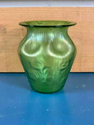 Antique Loetz Art Glass Vase Bag Sack Bohemian Pinch Side Green Iridescent