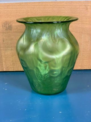 Antique Loetz Art Glass Vase Bag Sack Bohemian Pinch Side Green Iridescent 2