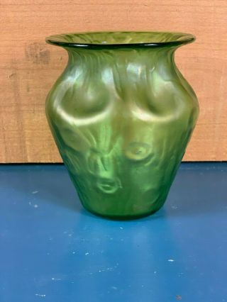 Antique Loetz Art Glass Vase Bag Sack Bohemian Pinch Side Green Iridescent 3