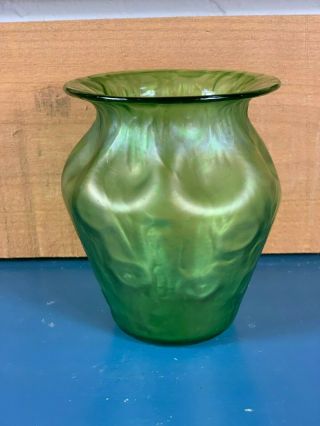 Antique Loetz Art Glass Vase Bag Sack Bohemian Pinch Side Green Iridescent 4