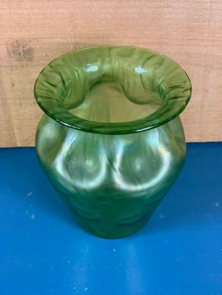 Antique Loetz Art Glass Vase Bag Sack Bohemian Pinch Side Green Iridescent 5