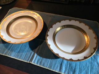 Two Lenox Tiffany & Co.  Gold Tulip Pattern Encrusted Band Soup Plates C.  1920