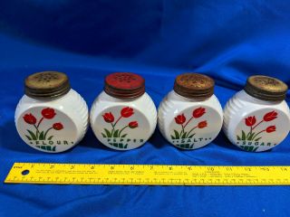 Antique 4pc Set Canister Milk Glass Salt - Pepper - Sugar - Flour Shakers Vtg Tulip