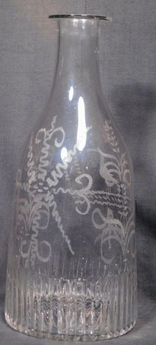 Early Mold Blown Wheel Engraved Flint Glass Decanter Bottle Ibis Heron Scrolls