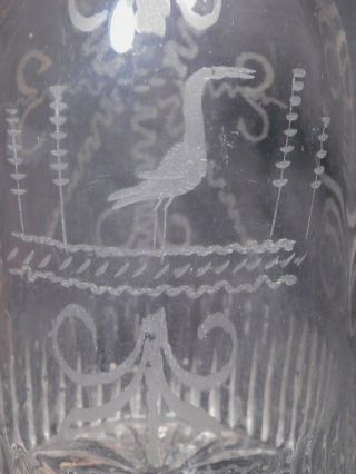 Early Mold Blown Wheel Engraved Flint Glass Decanter Bottle IBIS Heron Scrolls 3
