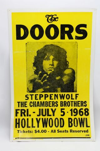 The Doors 1968 Yellow Concert Poster Hollywood Bowl Chambers Bros Steppenwolf