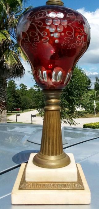 Antique Ruby Cut To Clear Oil Lamp Brass Column & Double Marble Base W/ Filigree