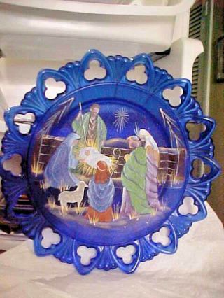 2001 Fenton Hand Painted Signed Cobalt Blue Plate Le Christmas Nativity Scene