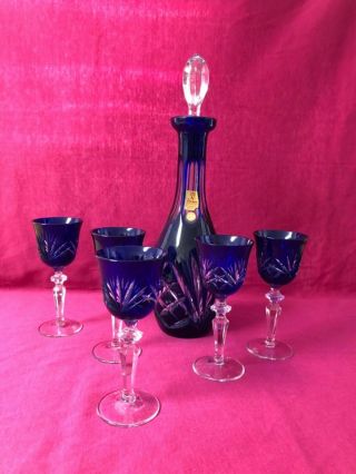 Blue Crystal Nachtmann Bleikristall Decanter And Five Small Wine Glasses
