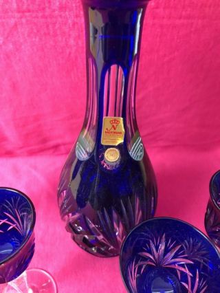BLUE CRYSTAL NACHTMANN BLEIKRISTALL DECANTER AND FIVE SMALL WINE GLASSES 2