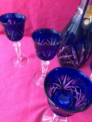 BLUE CRYSTAL NACHTMANN BLEIKRISTALL DECANTER AND FIVE SMALL WINE GLASSES 3