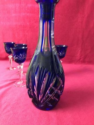 BLUE CRYSTAL NACHTMANN BLEIKRISTALL DECANTER AND FIVE SMALL WINE GLASSES 4