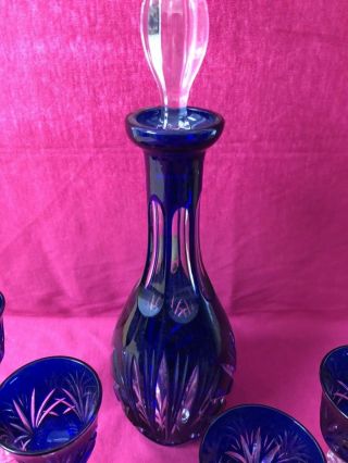 BLUE CRYSTAL NACHTMANN BLEIKRISTALL DECANTER AND FIVE SMALL WINE GLASSES 5