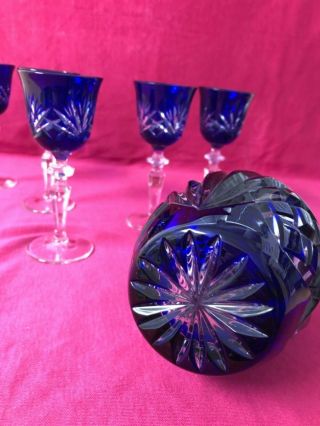 BLUE CRYSTAL NACHTMANN BLEIKRISTALL DECANTER AND FIVE SMALL WINE GLASSES 6