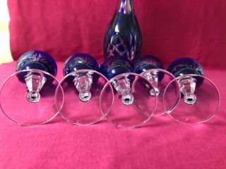 BLUE CRYSTAL NACHTMANN BLEIKRISTALL DECANTER AND FIVE SMALL WINE GLASSES 7
