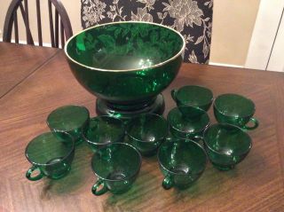 Anchor Hocking Forest Green Glass Punch Bowl,  Base And 10 Cups,  Gold Rim Intact