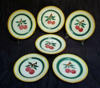 Set Of 6 Vtg Stangl Pottery Fruit Cherries Plates 7 7/8 " Carved Brown Trim Vguc