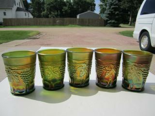 5 Old Antique Northwood Grape & Cable Pattern Green Carnival Glass Tumblers