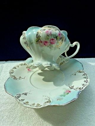 Rs Prussia Light Blue Floral Mustache Tea Cup And Saucer Set Flowers Red Mark