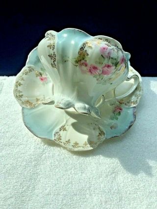 RS PRUSSIA Light Blue Floral MUSTACHE TEA CUP and SAUCER SET Flowers Red Mark 2