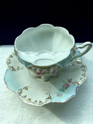 RS PRUSSIA Light Blue Floral MUSTACHE TEA CUP and SAUCER SET Flowers Red Mark 3