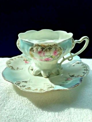 RS PRUSSIA Light Blue Floral MUSTACHE TEA CUP and SAUCER SET Flowers Red Mark 4
