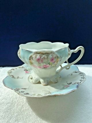 RS PRUSSIA Light Blue Floral MUSTACHE TEA CUP and SAUCER SET Flowers Red Mark 5