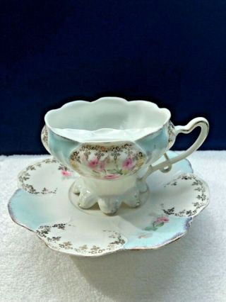 RS PRUSSIA Light Blue Floral MUSTACHE TEA CUP and SAUCER SET Flowers Red Mark 6