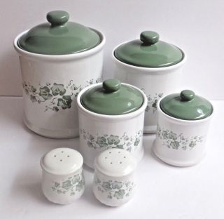 4 Canister Set Jay Import Corelle Callaway Green Ivy Salt Pepper Shakers