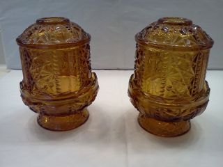 Vintage Amber Glass Stars And Bars Fairy Lamp Candle Holder Set Of 2
