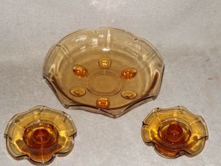 Martinsville Amber Moondrops Depression Glass Console Bowl & Candle Holders