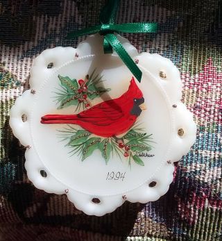 Fenton Ornament White Satin Red Bird Cardinal Figurine Christmas Holiday Vtg