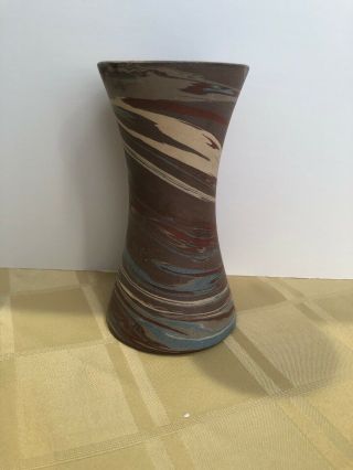 Vintage Niloak 6” Swirl Vase Brown & Tan Blue - Mission Arts And Crafts Marked