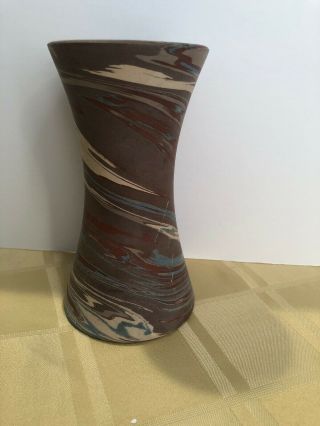 Vintage Niloak 6” Swirl Vase Brown & Tan Blue - Mission Arts and Crafts Marked 2