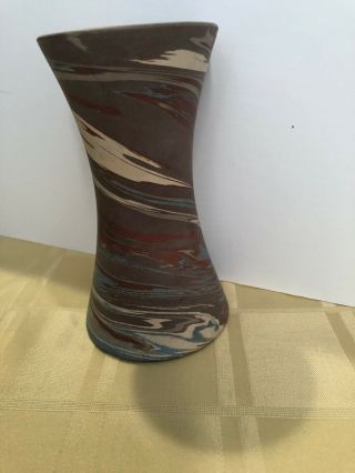 Vintage Niloak 6” Swirl Vase Brown & Tan Blue - Mission Arts and Crafts Marked 5