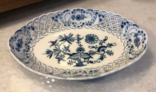 Antique Signed Meissen Blue Onion Pierced Porcelain Serving Dish Bowl Plate 10”