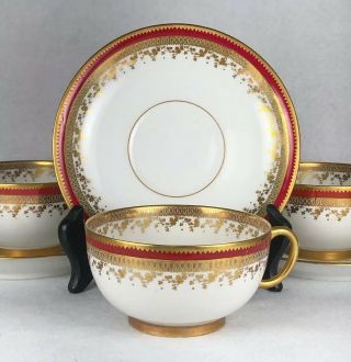3 Vintage J.  Pouyat Limoges Teacup & Saucers Gold Design Flowers With Red Band