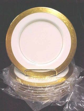 (set Of 8) Mikasa China Harrow White Gold Encrusted 10.  5 " Dinner Plates Excellnt