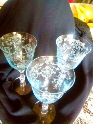 Set Of 3 Fostoria Navarre Blue Claret Wine Glass 6 "
