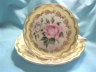 Foley Pink and White Cabbage Rose Heavy Gold Gilt Yellow Cup and Saucer 2