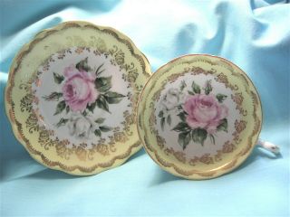 Foley Pink and White Cabbage Rose Heavy Gold Gilt Yellow Cup and Saucer 3