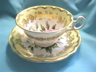Foley Pink and White Cabbage Rose Heavy Gold Gilt Yellow Cup and Saucer 5