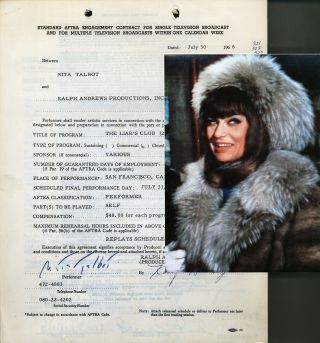 Nita Talbot Signed 1968 Tv Contract W/ 5x7 Photo,  " Hogan 
