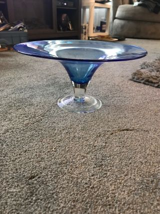 Blenko Handmade Art Glass Cobalt Blue And Clear Compote Pedestal Bowl